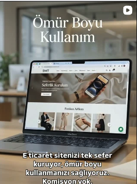 Masaüstünde açık bir dizüstü bilgisayarda e-ticaret sitesi ve üzerinde 'Ömür Boyu Kullanım' başlığı