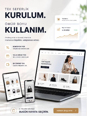 Dizüstü ve telefon ekranlarında bir e-ticaret mağazası tasarımı; komisyon yok ve yıllık aidat yok başlıkları