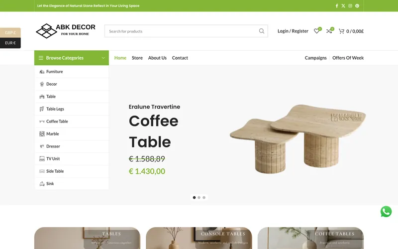 ABK Decor e-ticaret sitesi anasayfası — DMT Dijital projesi